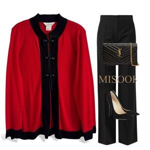 EXCLUSIVELY MISOOK KNIT RED BLACK MANDARIN COLLAR ASIAN INSPIRED JACKET SZ L